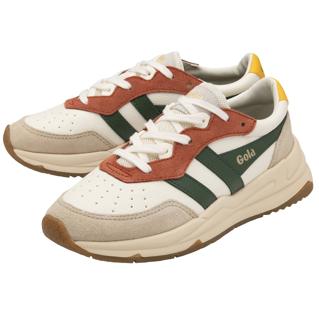 A pair of white Gola sneakers with green stripes and yellow heel accents.