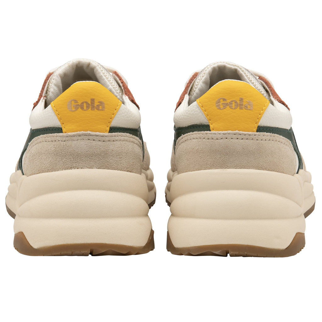 Rear view of two white Gola sneakers with yellow heel accents and thick soles.