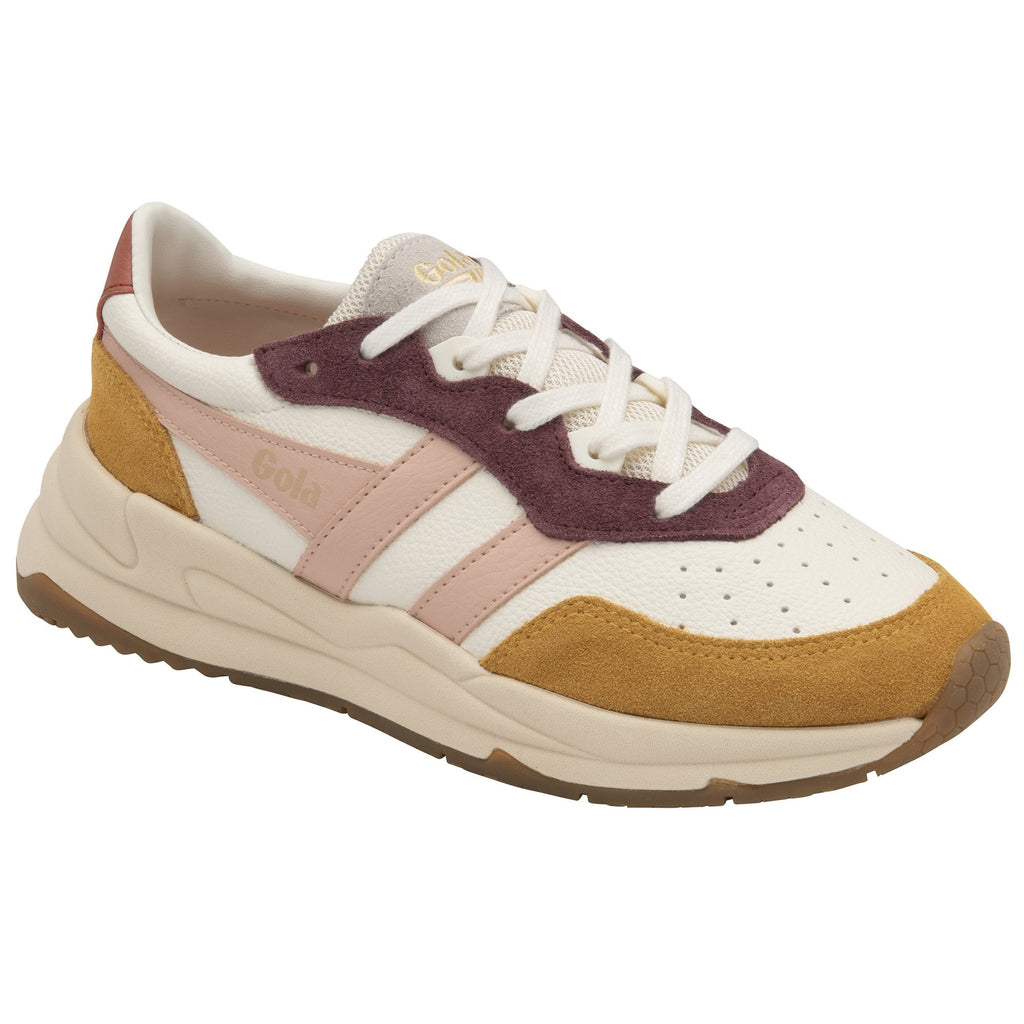 A women's Gola trainer in white, pink, mustard yellow, and burgundy colors.