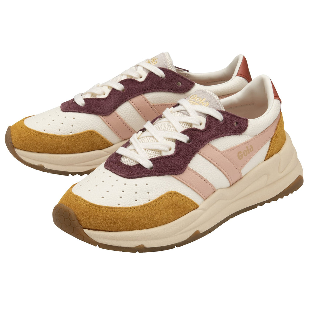 A pair of women's Gola trainers in white, pink, mustard yellow, and burgundy colors.