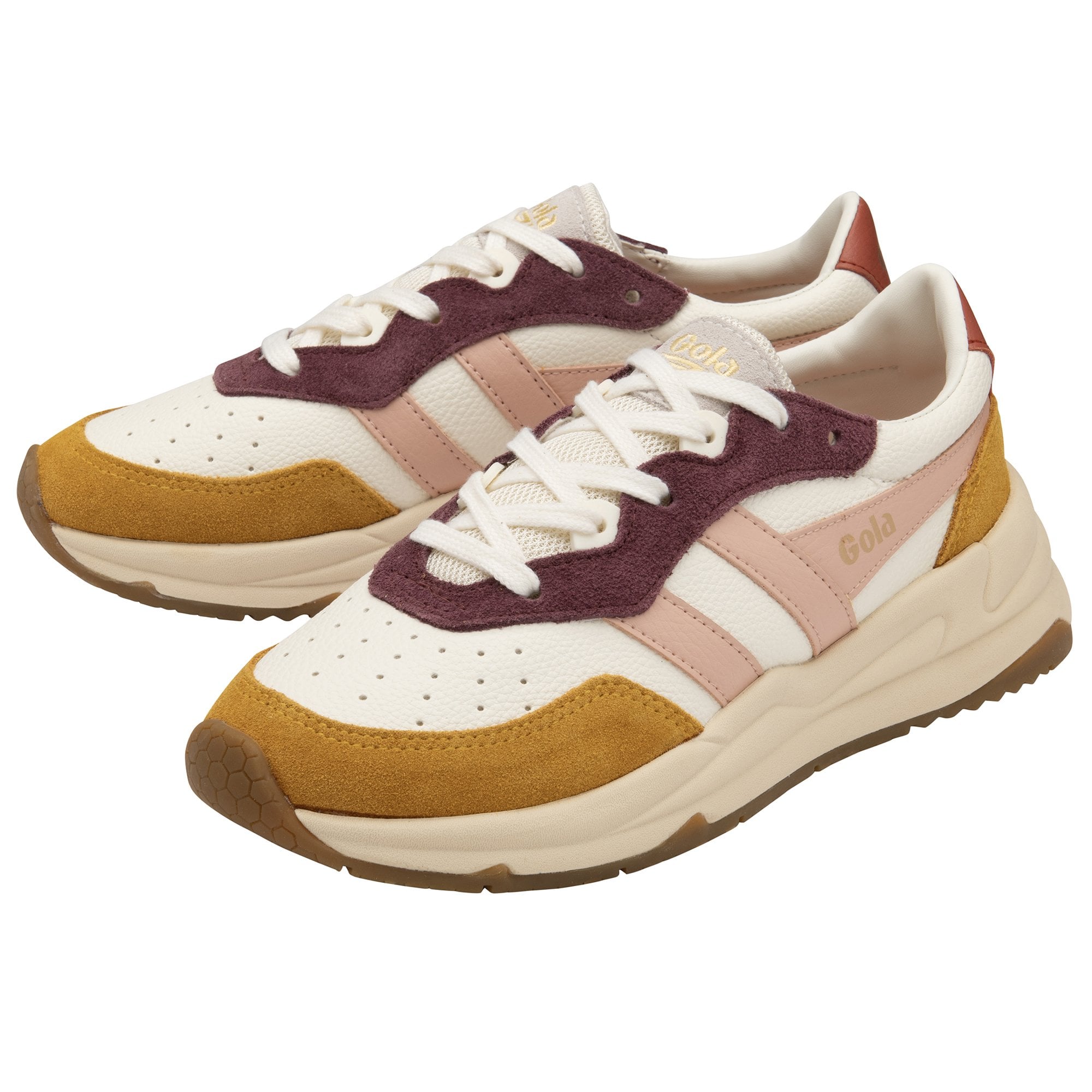 A pair of women's Gola trainers in white, pink, mustard yellow, and burgundy colors.