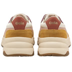 The back of two Gola brand women's trainers in white, pink, mustard yellow, and burgundy.