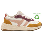 A recycled Gola women's trainer, in white, pink, mustard yellow, and burgundy colors.