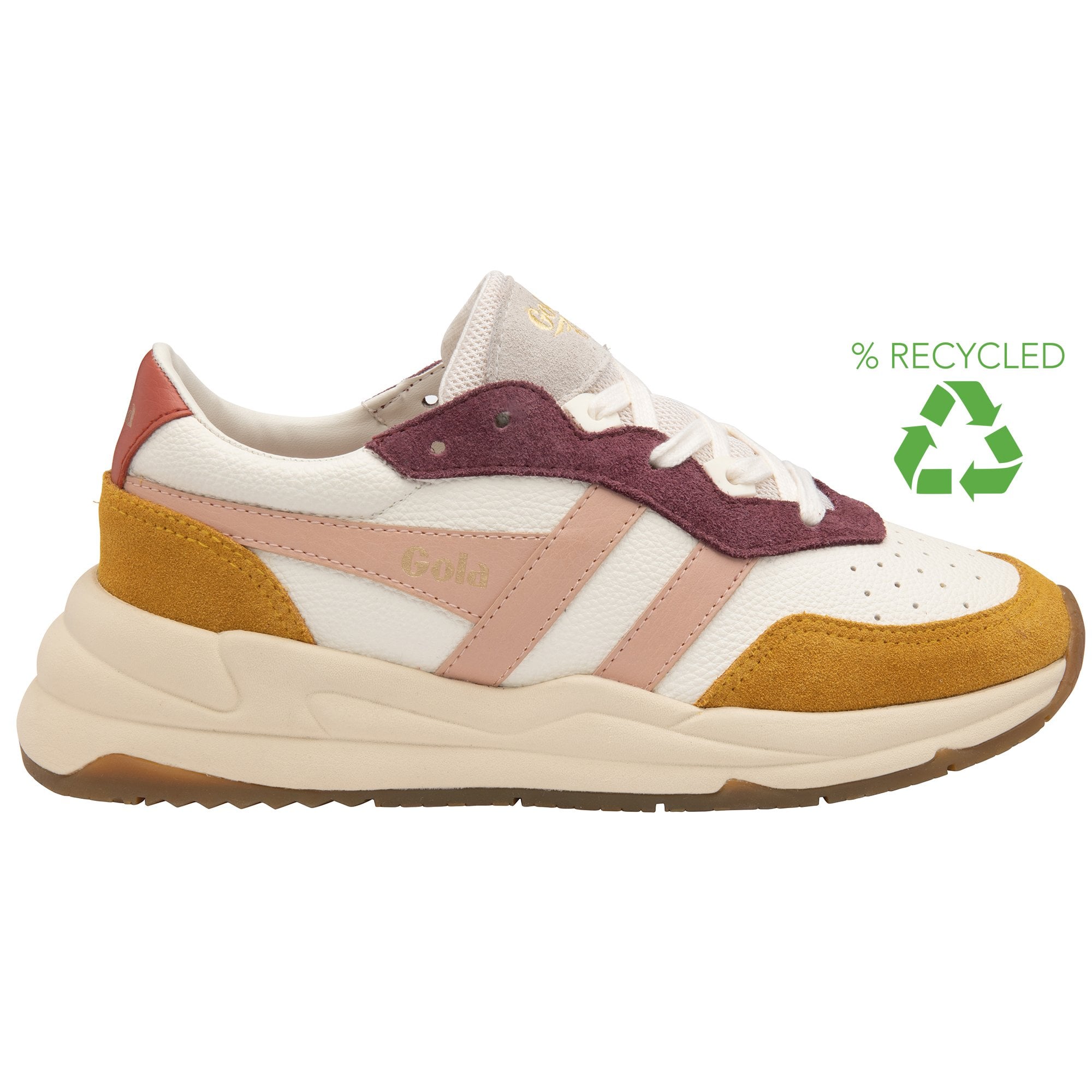 A recycled Gola women's trainer, in white, pink, mustard yellow, and burgundy colors.