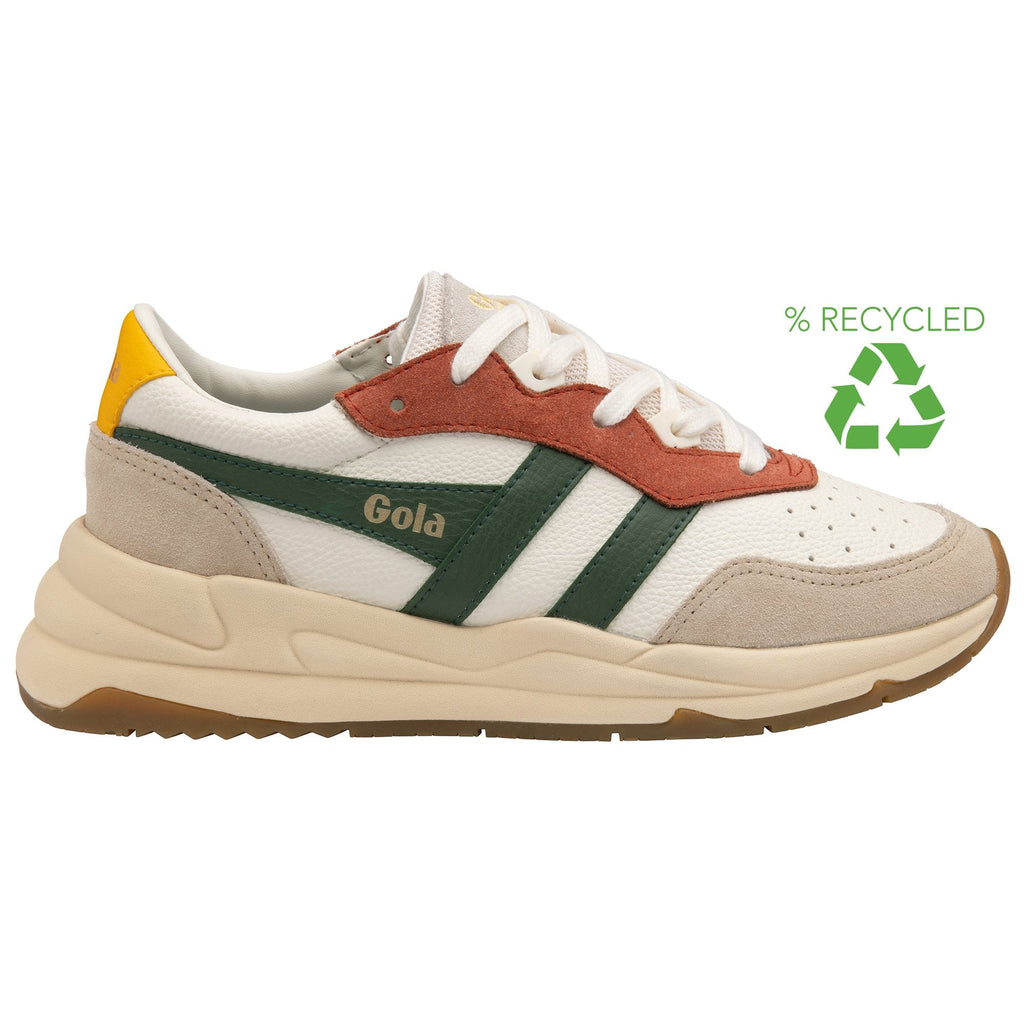 A white Gola sneaker with green stripes, a yellow heel accent, and a recycled symbol.
