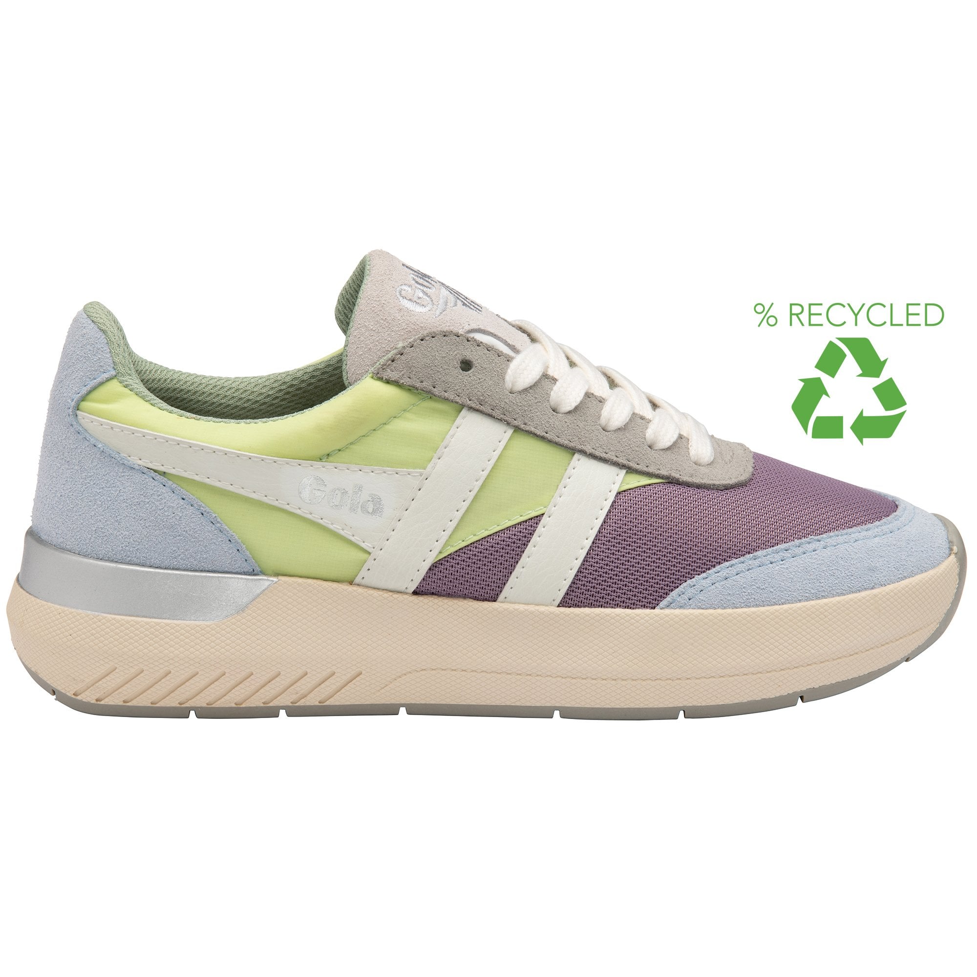 A close-up of the Gola Women's Daytona Sneaker in a purple, grey, and neon green colorway.