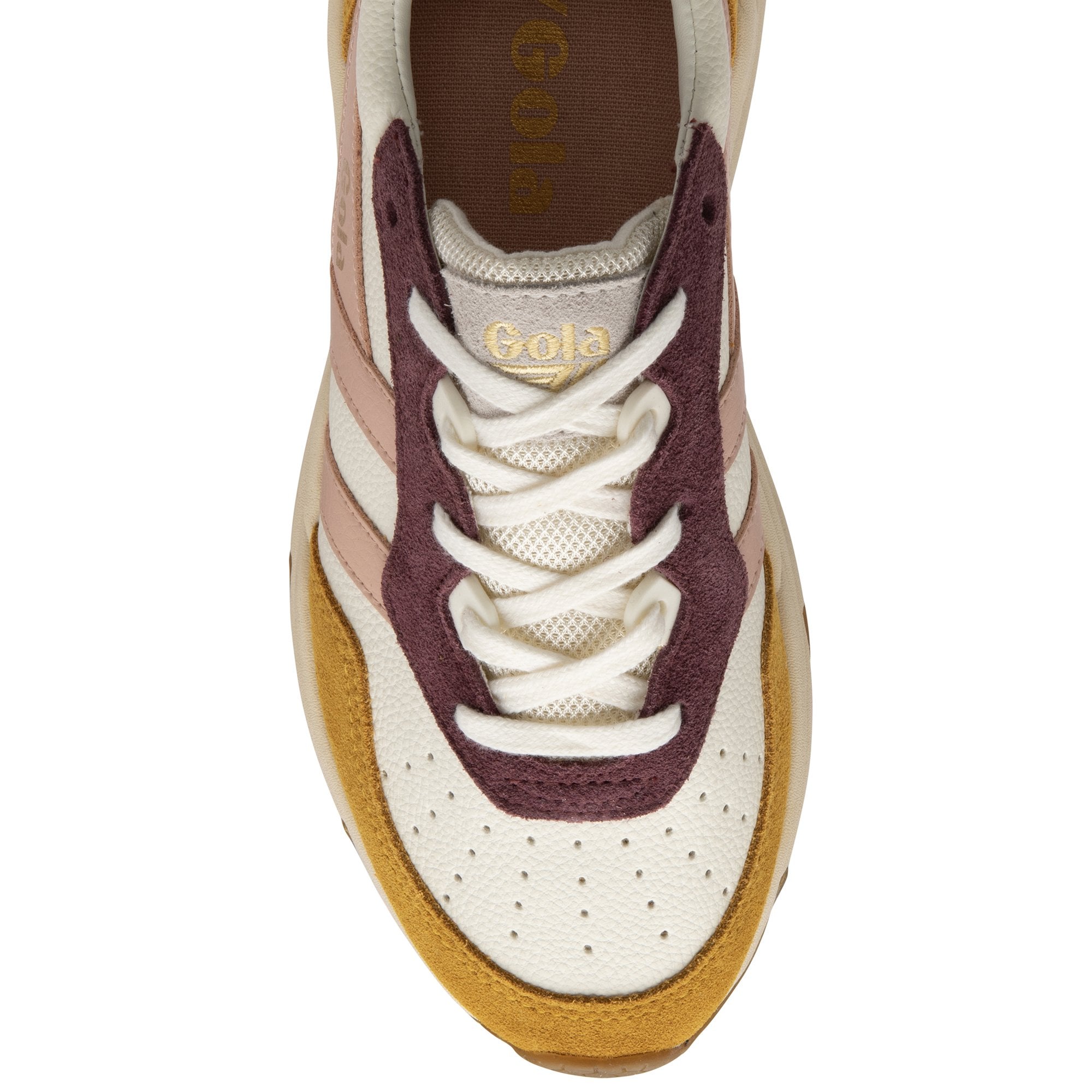 Top down view of a Gola trainer in white, pink, mustard yellow, and burgundy.