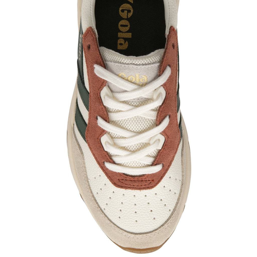 Top-down view of a white Gola sneaker's toe and laces with green stripes.