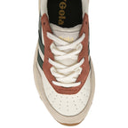 Top-down view of a white Gola sneaker's toe and laces with green stripes.