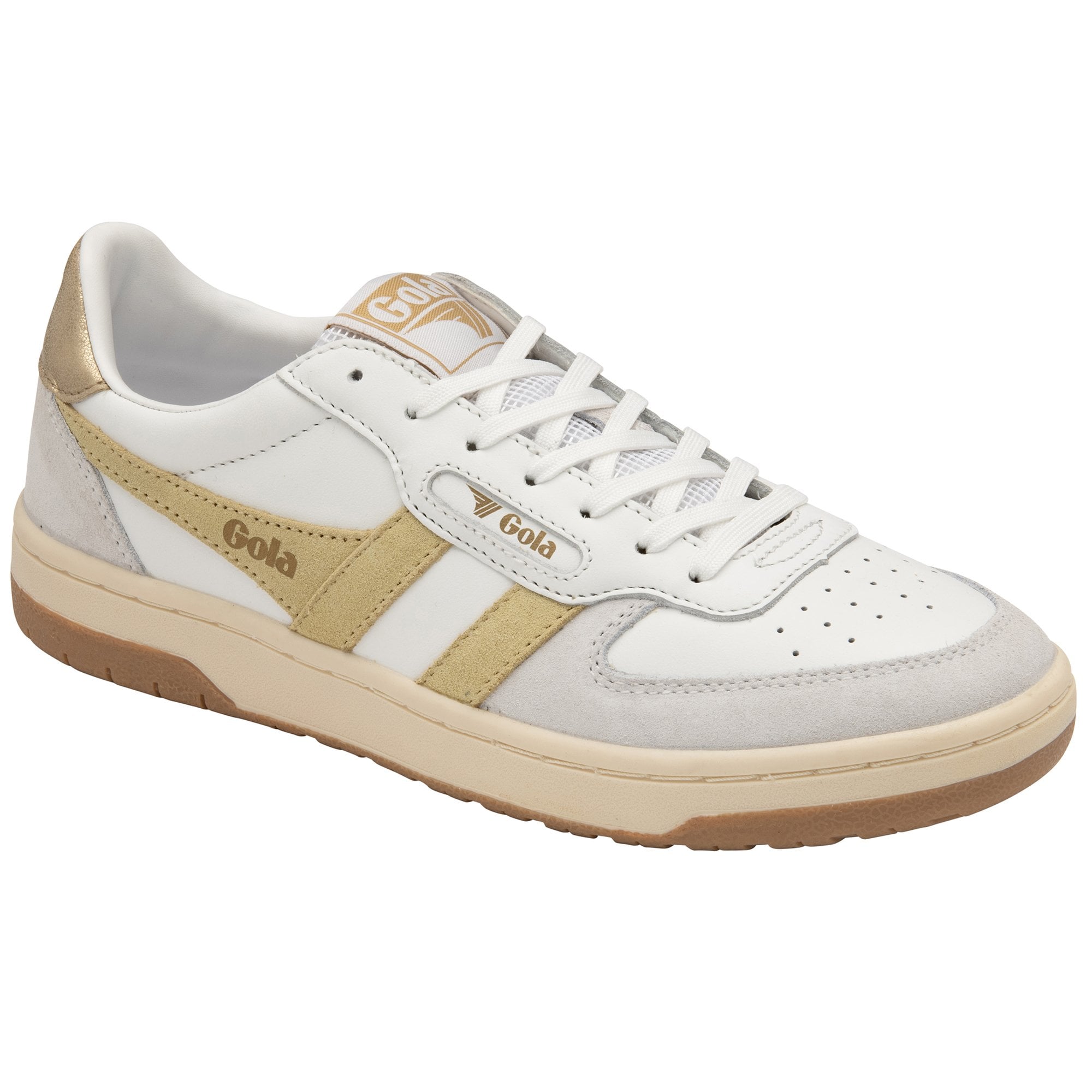 A white and gold Gola sneaker with a brown sole on a white background.