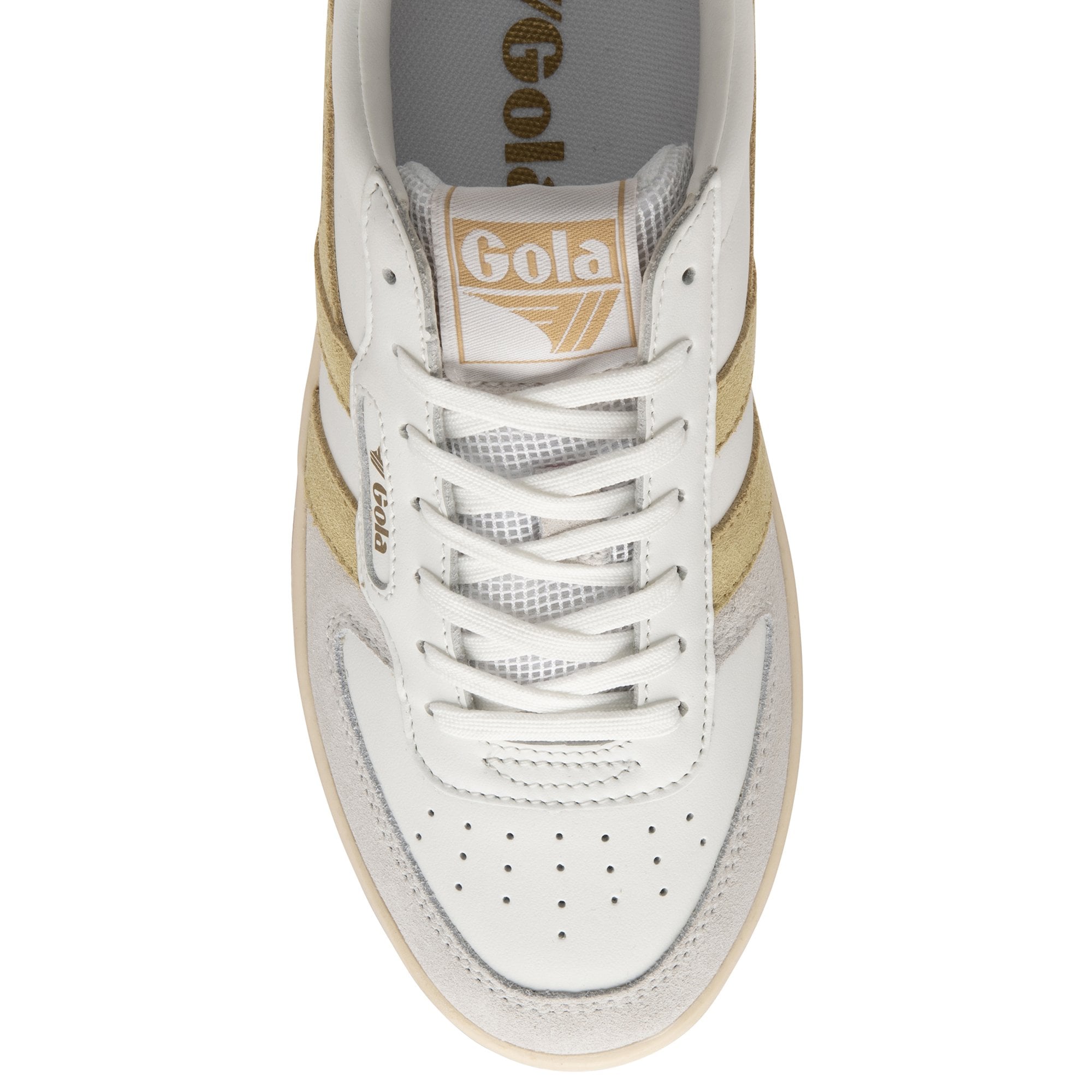 A top-down view of the front of a white and gold sneaker with white laces.