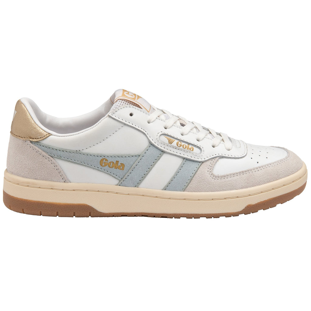 Side view of a white Gola sneaker with light blue stripes and a gold heel accent.