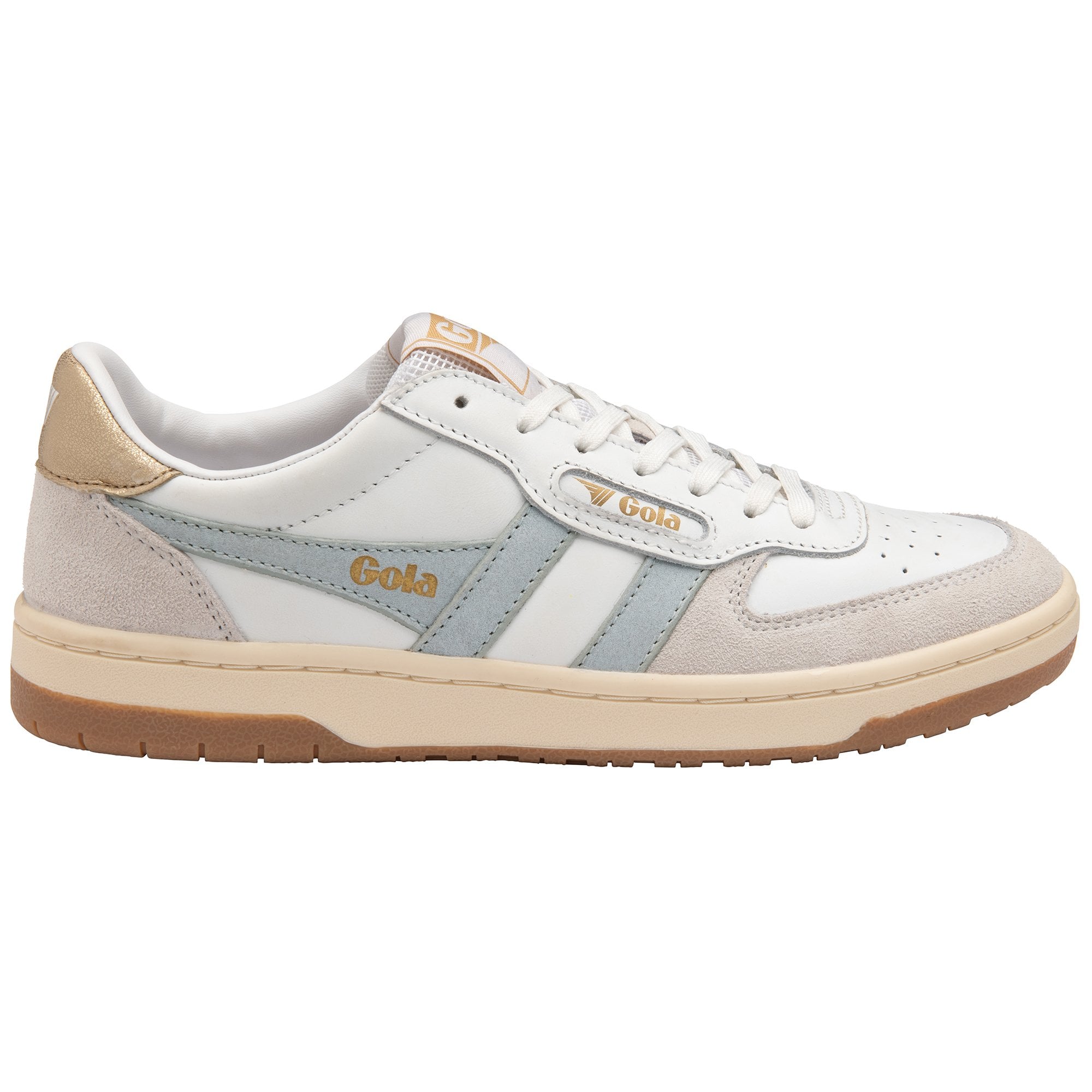 Side view of a white Gola sneaker with light blue stripes and a gold heel accent.