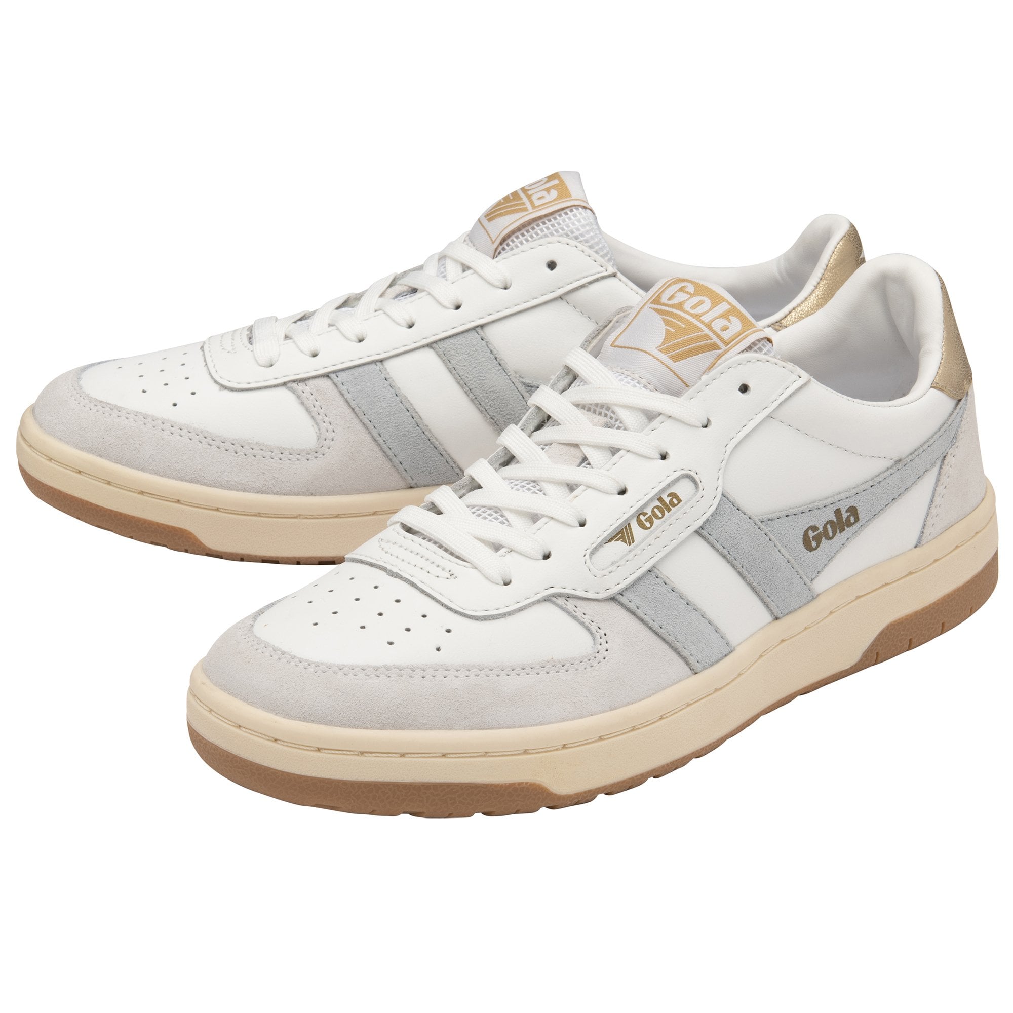 Pair of white Gola sneakers with silver stripes, gold accents, and a brown sole.