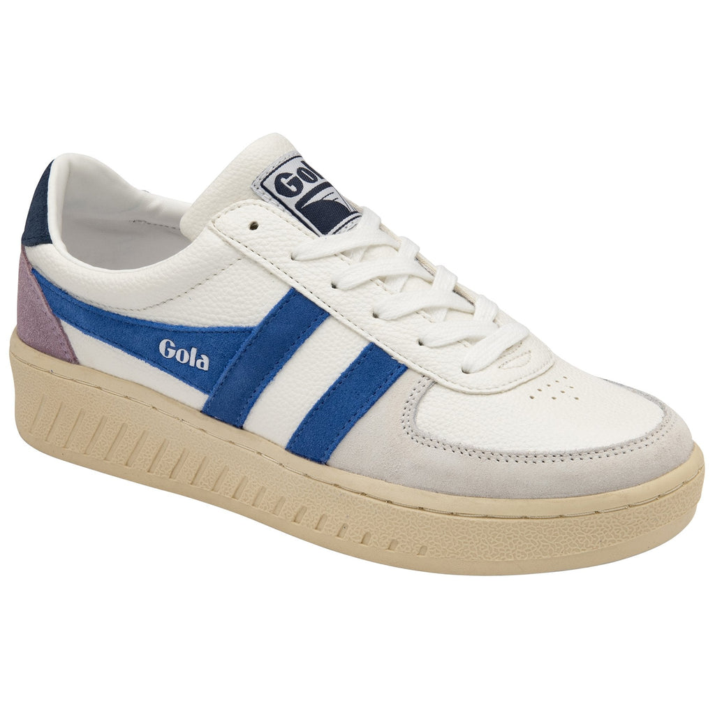 Side view of a white Gola sneaker with blue stripes and a light sole.