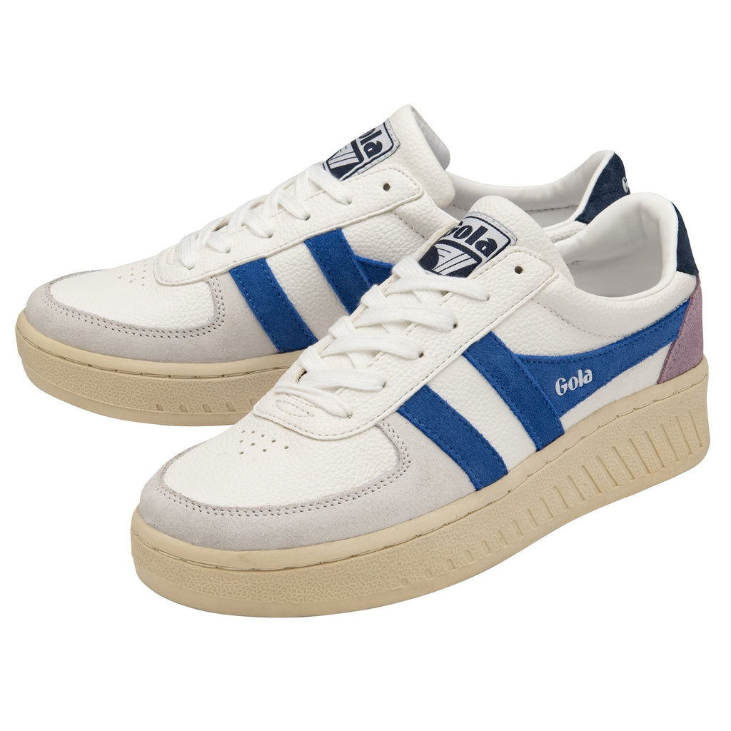Pair of white Gola sneakers with blue stripes and a cream sole.