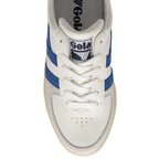 Top down view of a white Gola sneaker with blue stripes and white laces.