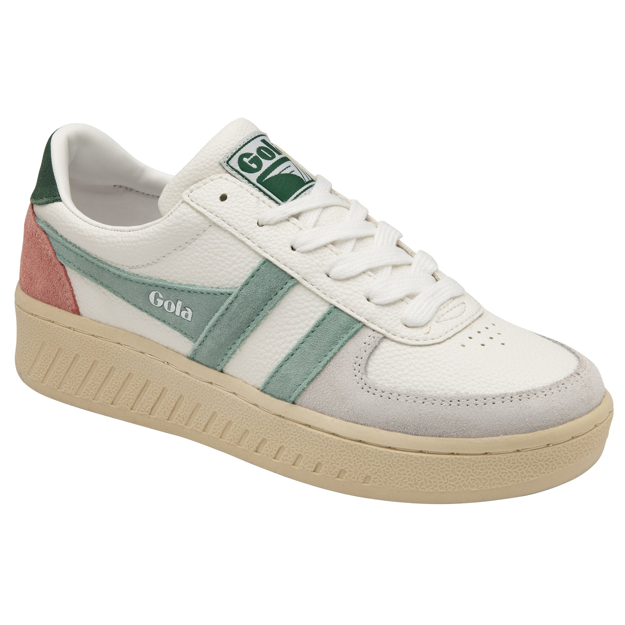 A Gola sneaker in white with green and pink accents from a slight angle.