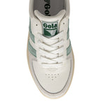Top-down view of a white Gola sneaker with green stripes and white laces.