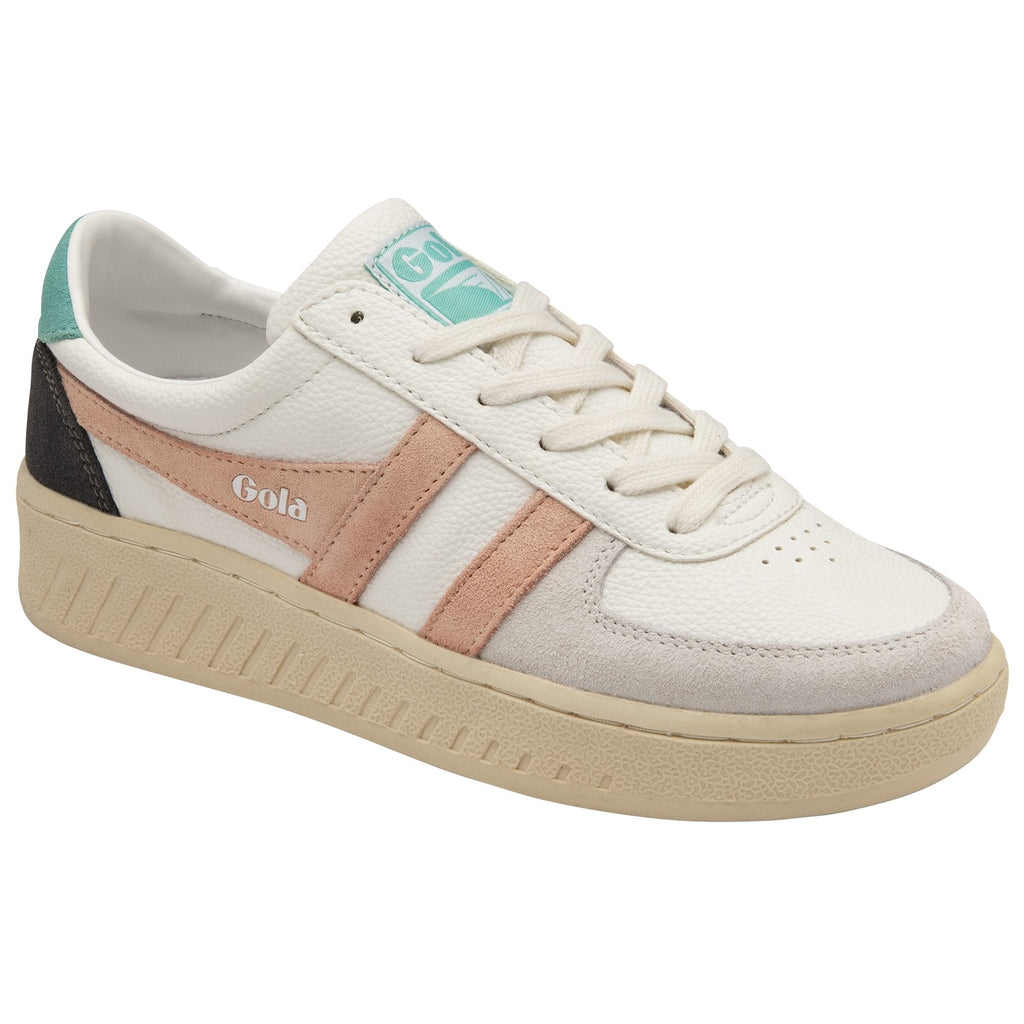 A single white Gola sneaker with peach stripes and teal accents, viewed from a slight angle.