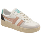 A single white Gola sneaker with peach stripes and teal accents, viewed from a slight angle.