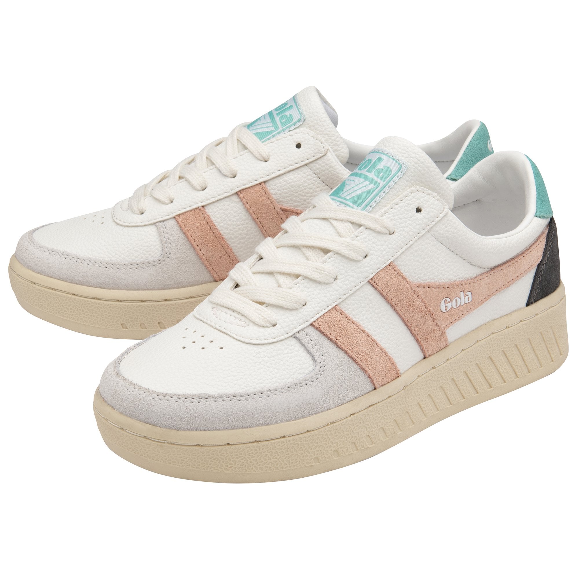 A pair of white Gola sneakers with peach stripes and teal accents, positioned side by side.
