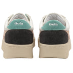 The back view of a pair of white Gola sneakers, highlighting the teal and black heel details.