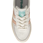 Top-down view of a Gola sneaker, showing the white laces, peach stripes, and Gola logo.