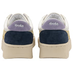 Back view of a pair of Gola sneakers with a blue heel and beige sole.