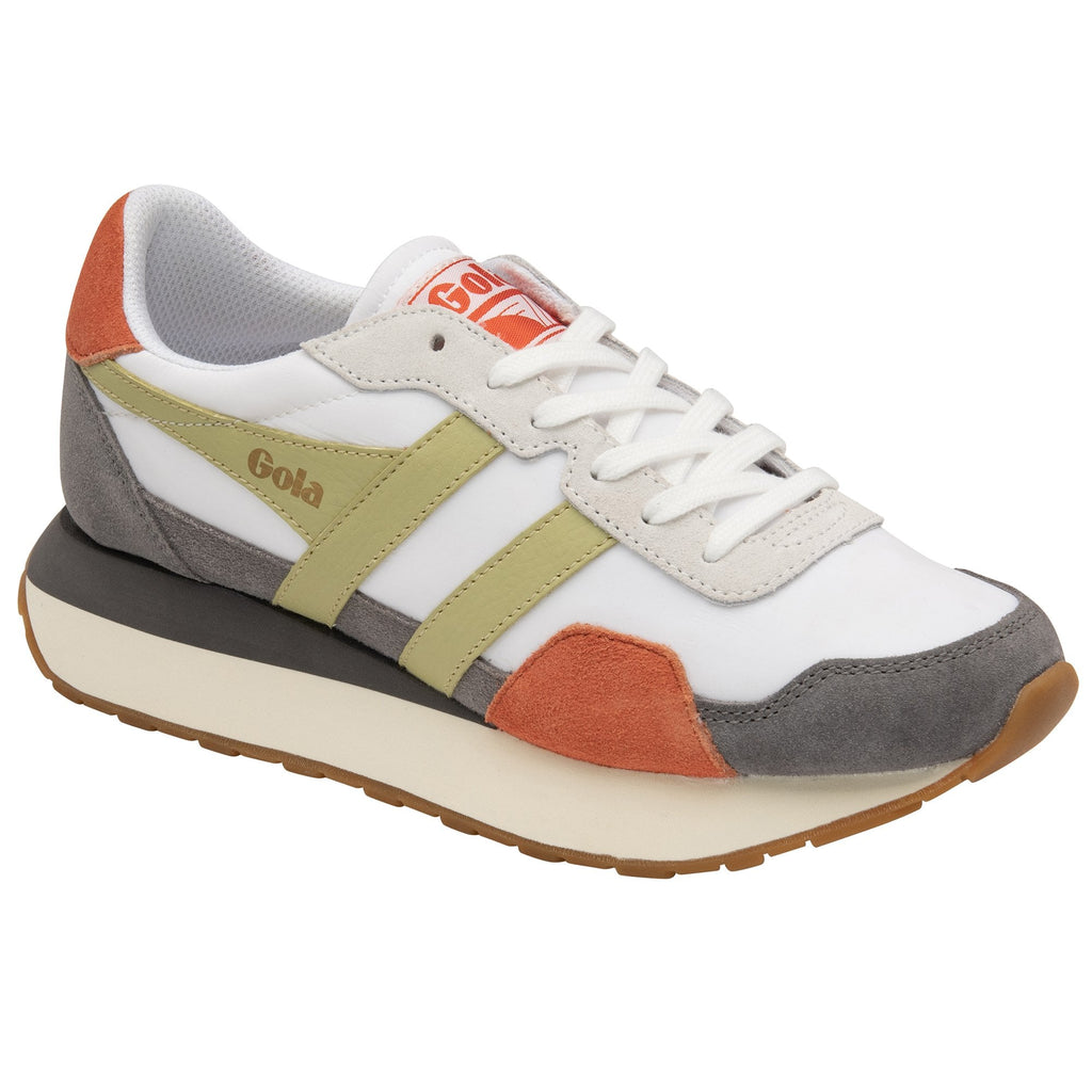 A white Gola sneaker with orange, grey, and olive accents, shown from a slightly different angle.
