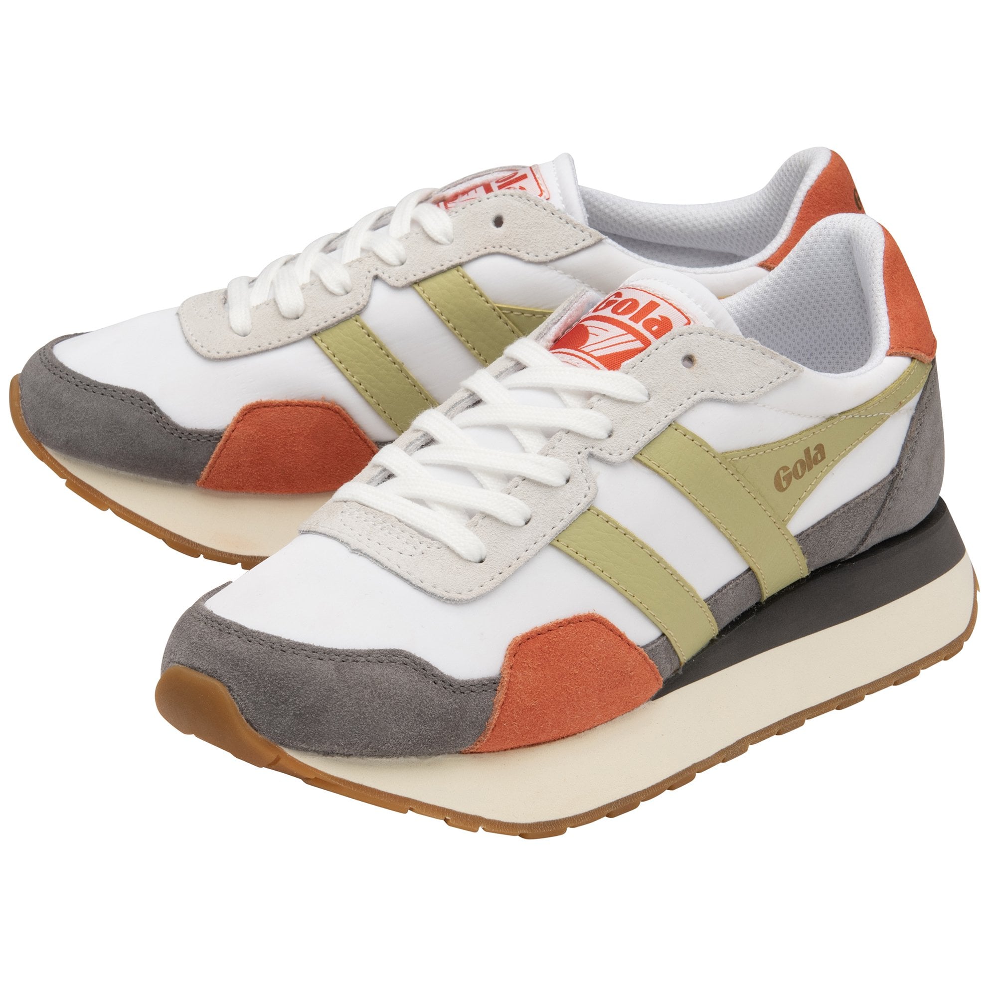 A pair of Gola sneakers in white, orange, grey, and olive, positioned together.