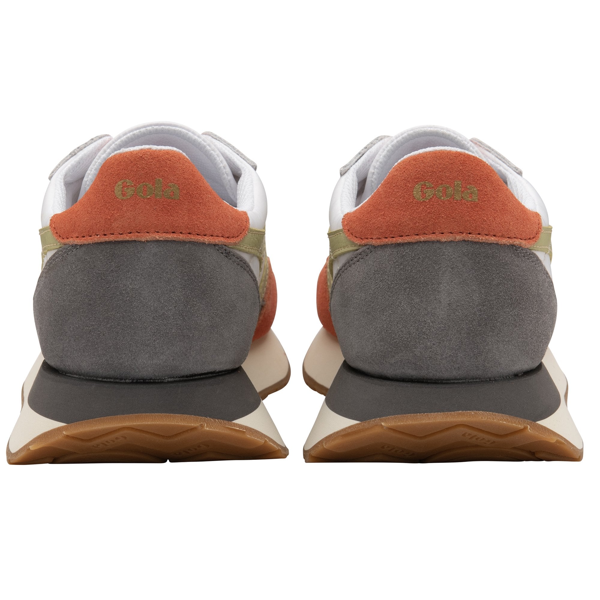 The back view of a pair of Gola sneakers, highlighting the orange and grey heel design.