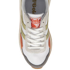The top-down view of a white Gola sneaker, showcasing the laces and brand logo.