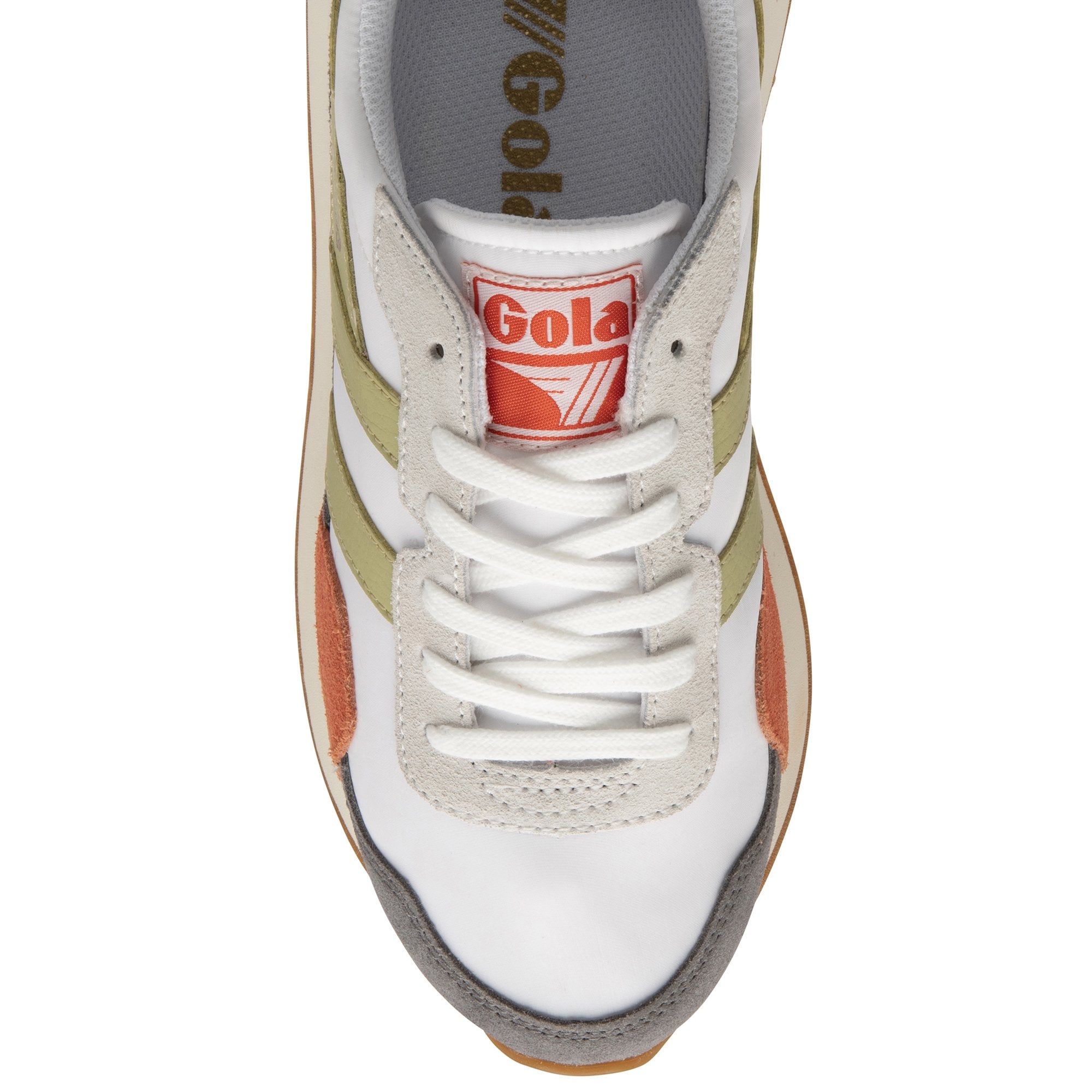 The top-down view of a white Gola sneaker, showcasing the laces and brand logo.