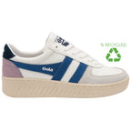 Side view of a white Gola sneaker with blue stripes and a recycled symbol.