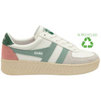A white, green, and pink Gola sneaker with a "RECYCLED" symbol and text.