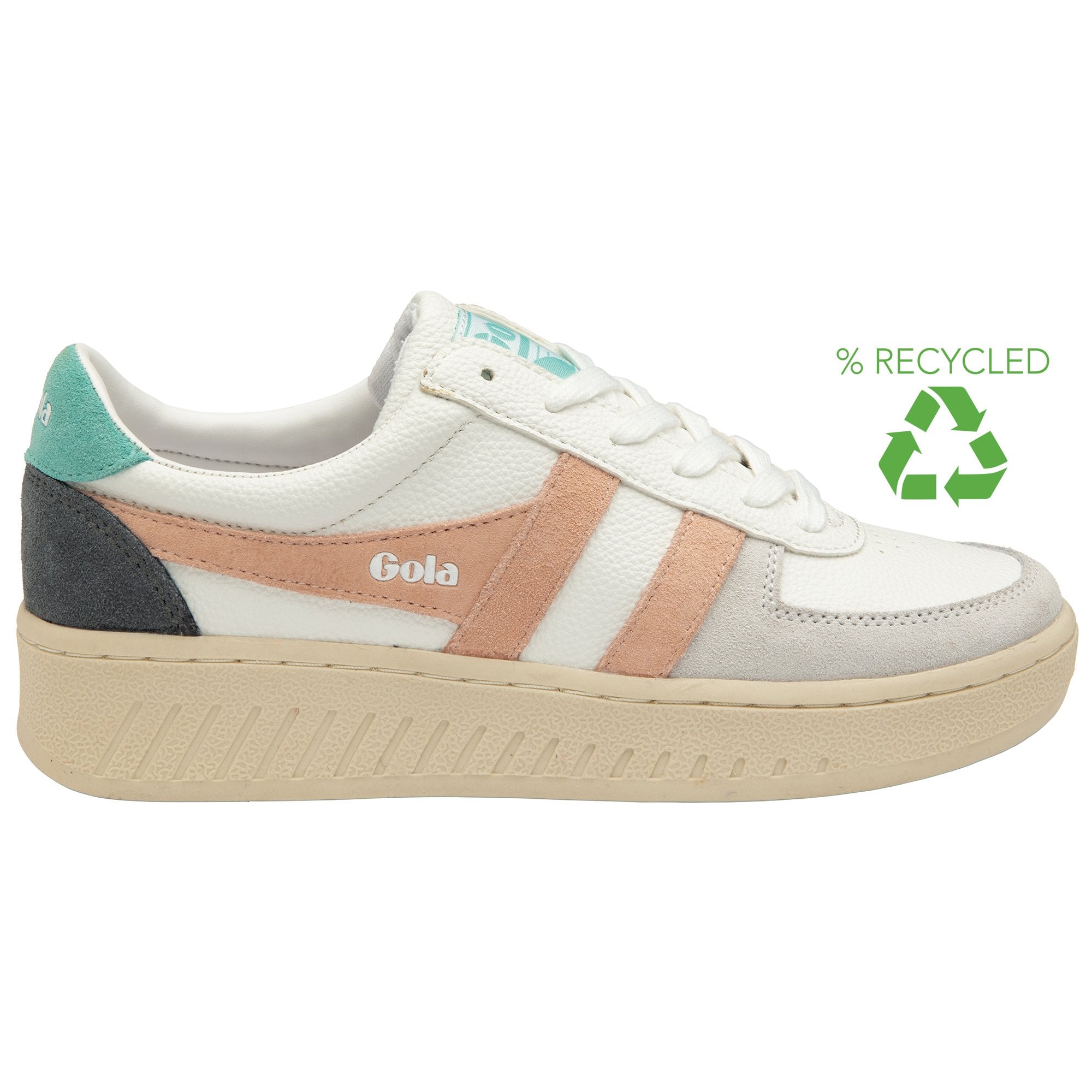 A white Gola sneaker with peach stripes and teal accents, shown from the side, with a recycled symbol.