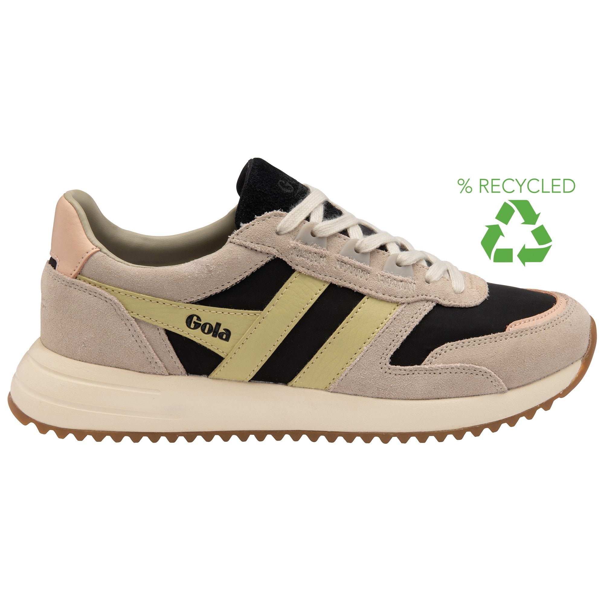 A recycled symbol next to the shoe