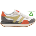 A white Gola sneaker made from recycled materials, featuring orange, grey, and olive accents.