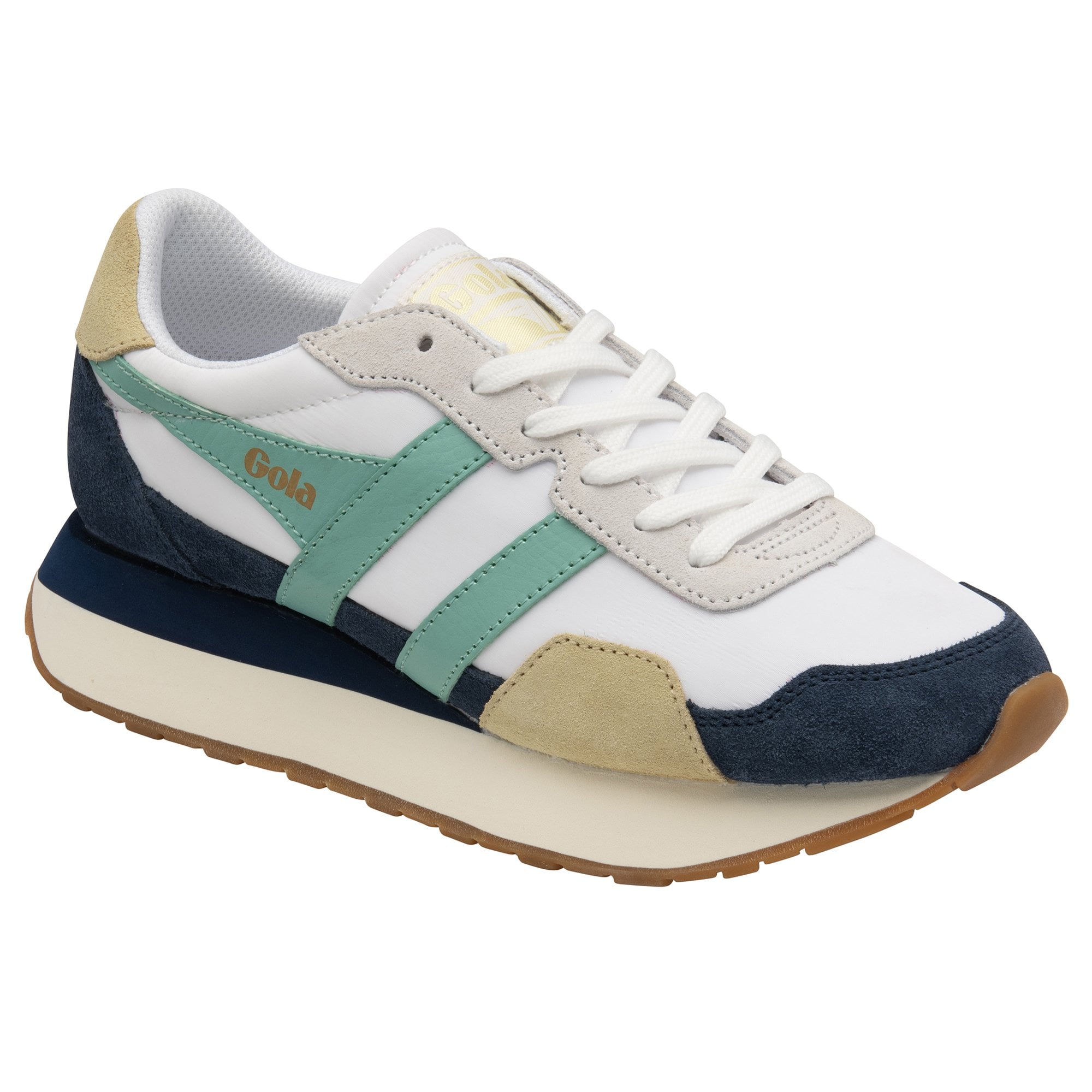 A women's Gola sneaker in navy, teal, and tan.