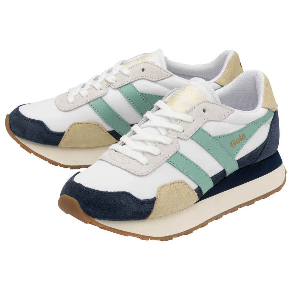A pair of women's Gola sneakers in navy, teal, and tan.