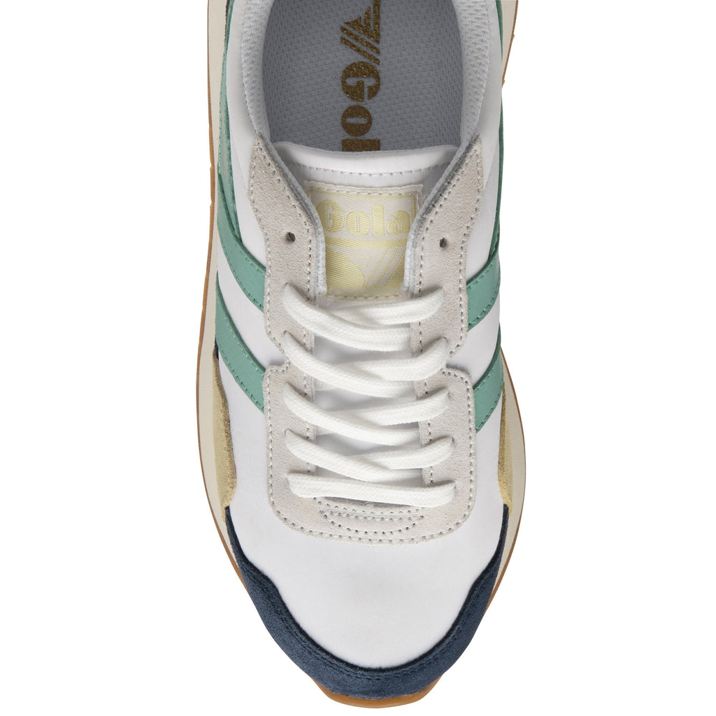 The top view of a women's Gola sneaker in navy, teal, and tan.