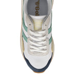 The top view of a women's Gola sneaker in navy, teal, and tan.