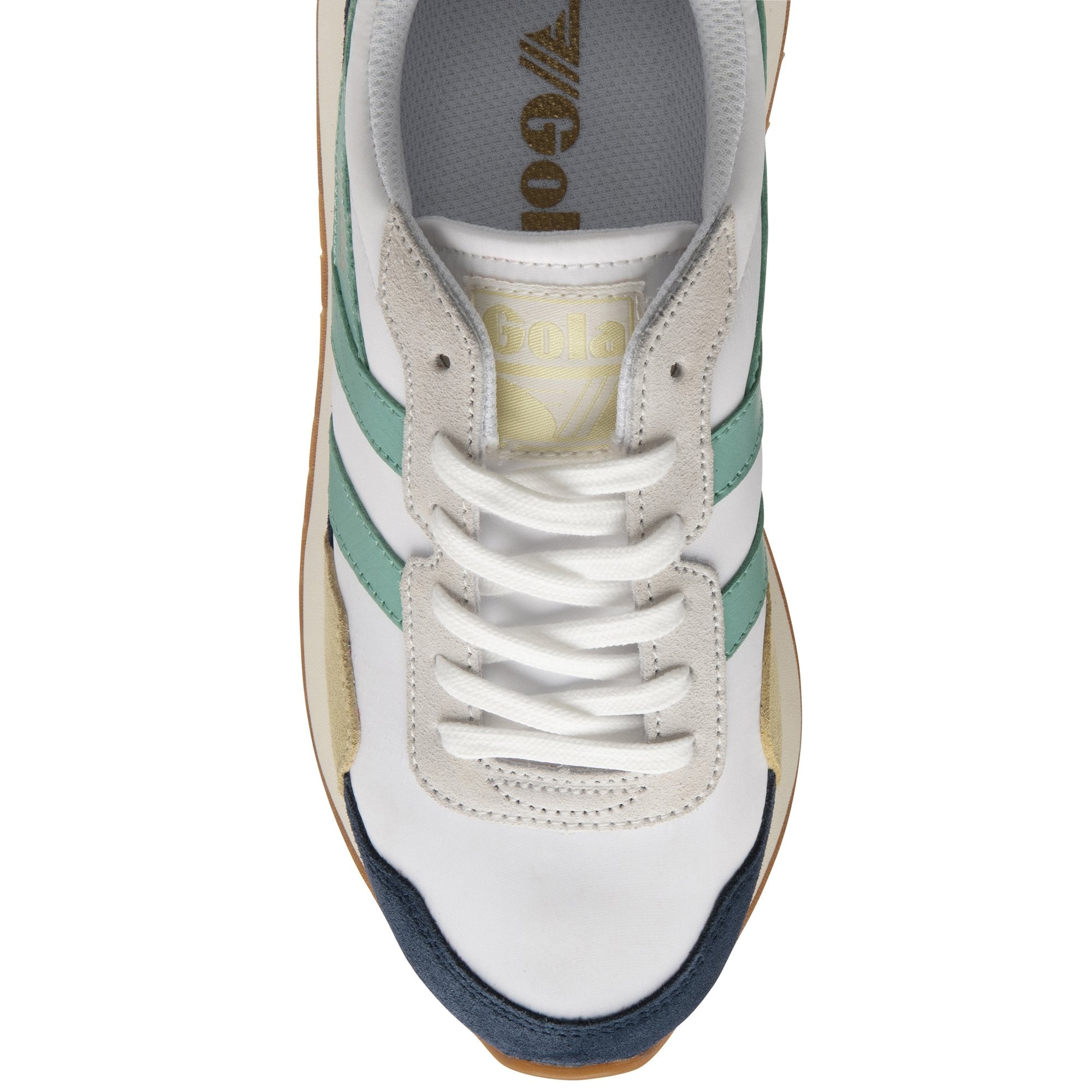 The top view of a women's Gola sneaker in navy, teal, and tan.
