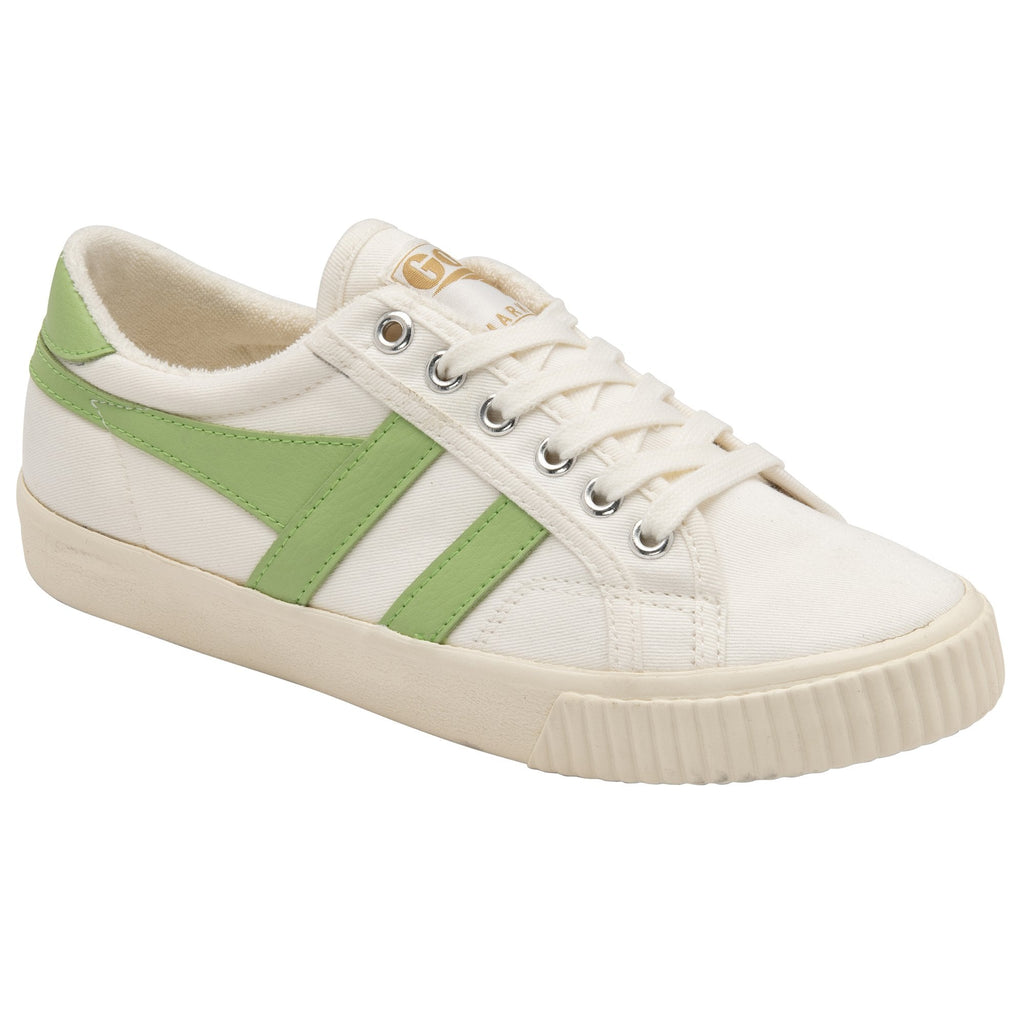 Side view of a Gola Coaster shoe in white canvas with green stripes and trim.