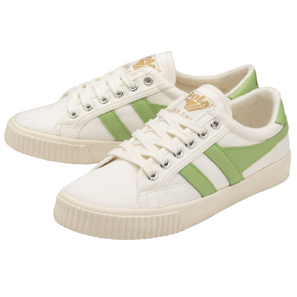 Pair of Gola Coaster shoes in white canvas with green stripes and trim.