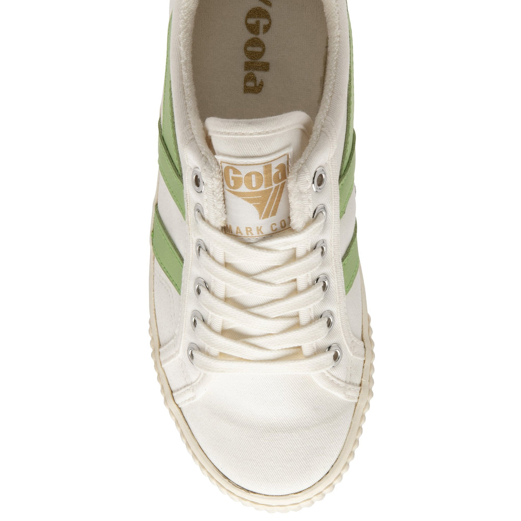 Top-down view of a Gola Coaster shoe, white canvas with green stripes and gold logo.