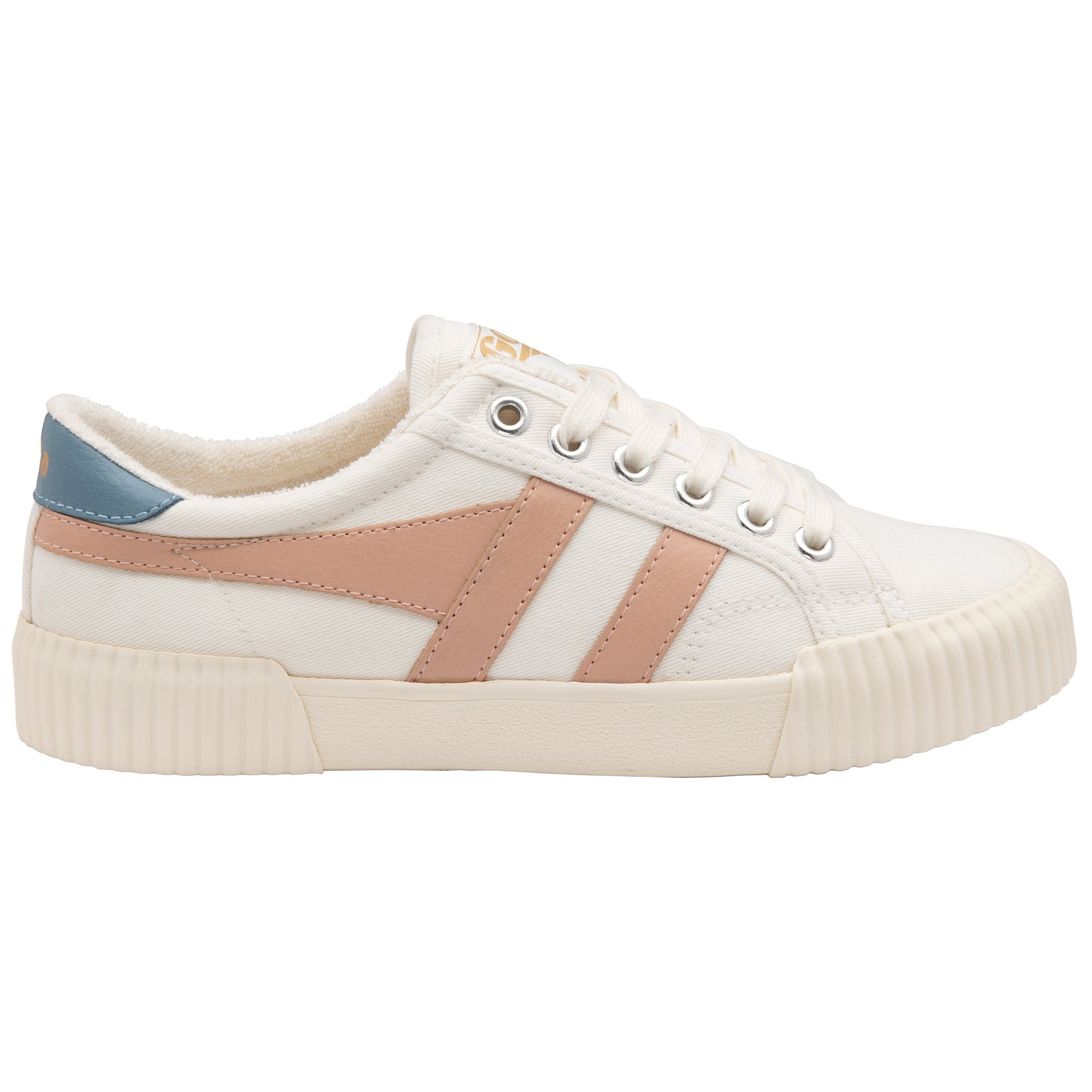 A right white and pink sneaker with blue heel tab on a white background.