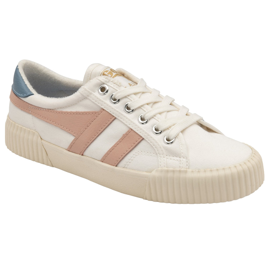 A left white and pink sneaker with blue heel tab on a white background.