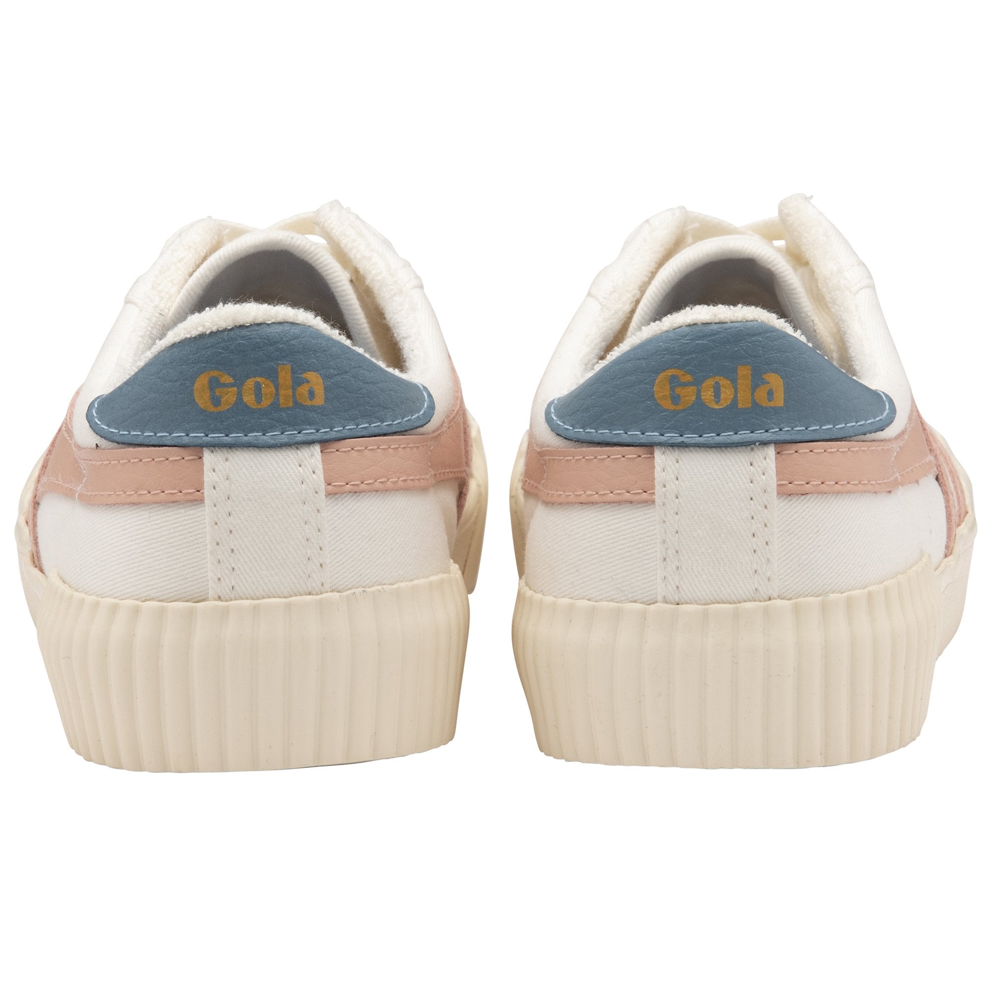 Back view of two white and pink sneakers with blue Gola heel tabs.